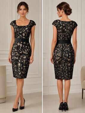 Tadashi Shoji Black and White Floral Lace Sheath Dress Belted Women's Size 2
